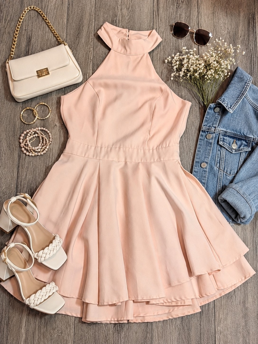 Lulu's Light Pink/Peach Halter Fit-and-Flare Dress